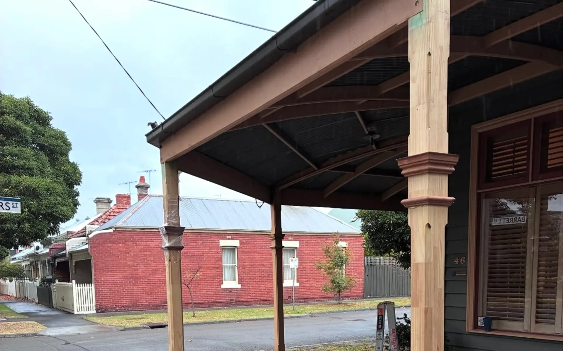 Heritage verandah with timber posts under construction